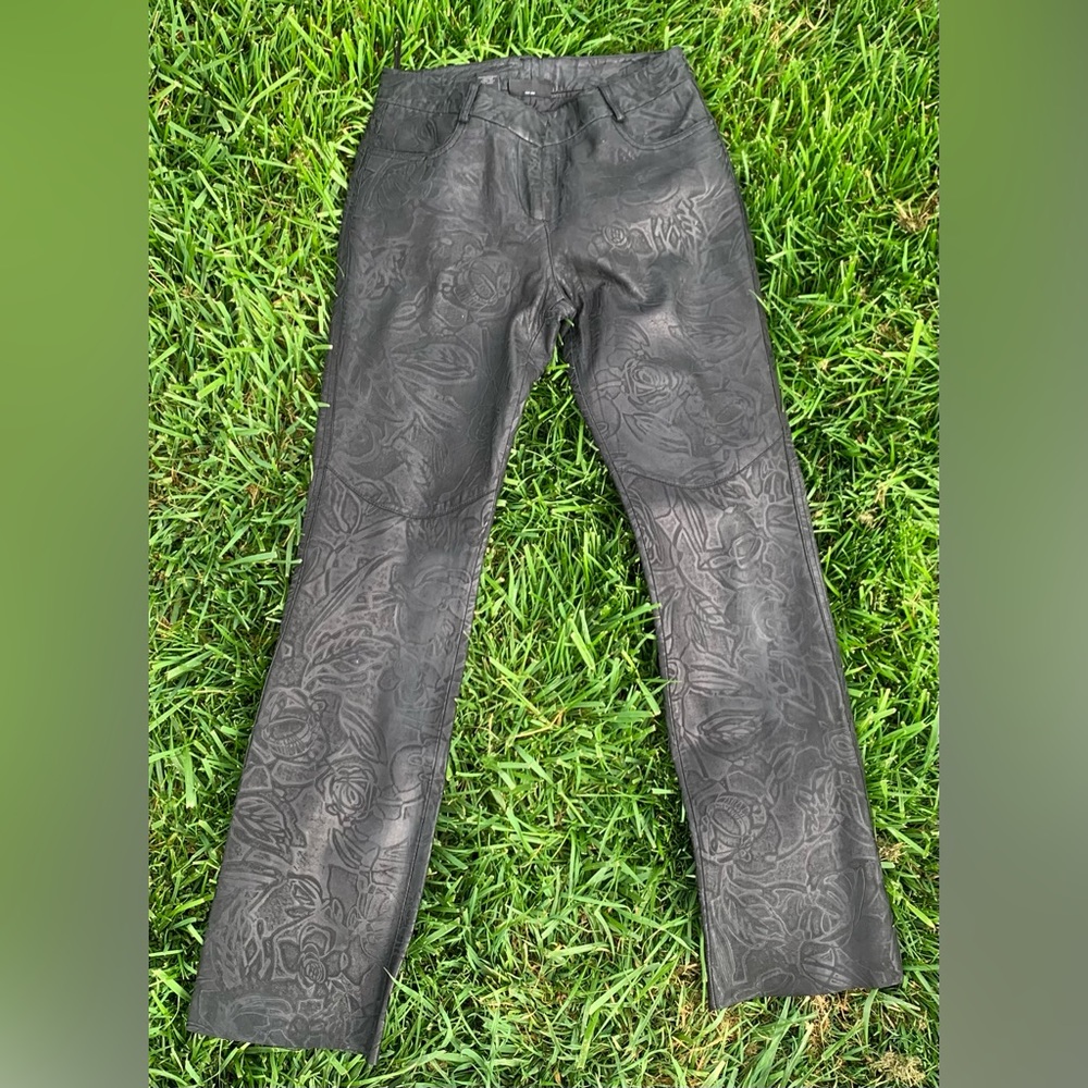 1990’s Express Baby Calf Black Leather low rise pants with Rose pattern.